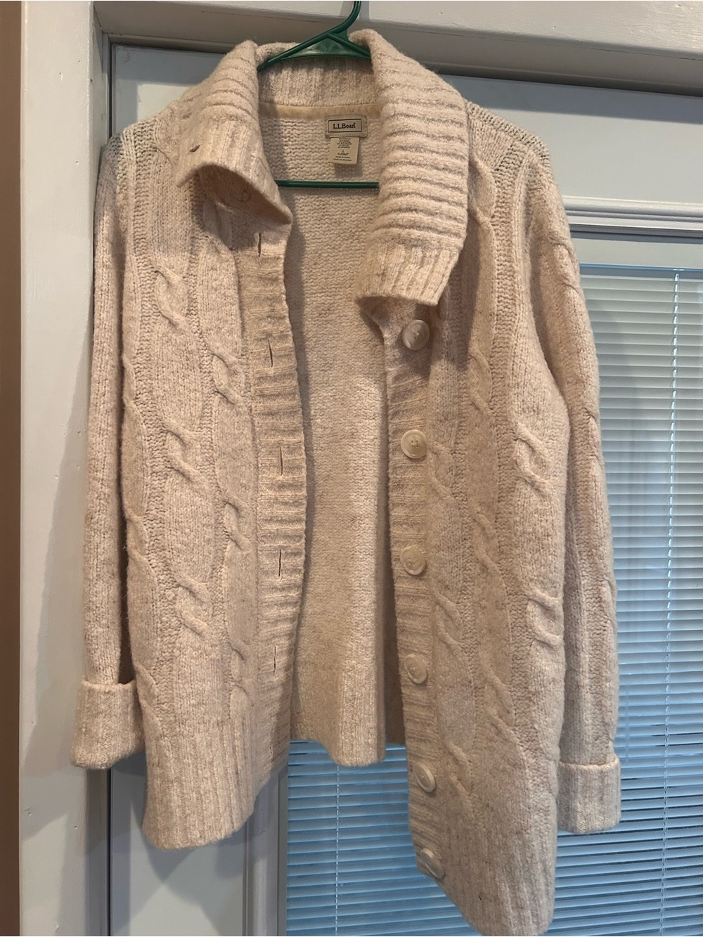 L.L. Bean Ivory Cable Knit Shawl Collar Cardigan